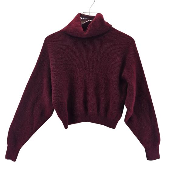 100% Cashmere Sweater Womens 2 XS Cropped Slouchy Turtleneck Maroon Red Ribbed - Picture 1 of 9
